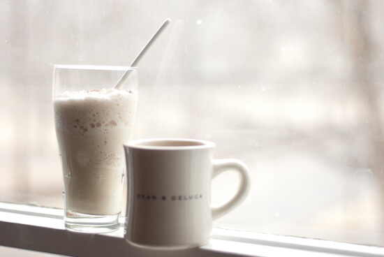 vanilla-winter-milkshake-2 eggnog milkshake and coffee in window ledge