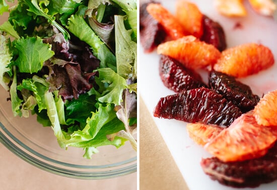 greens and blood orange slices