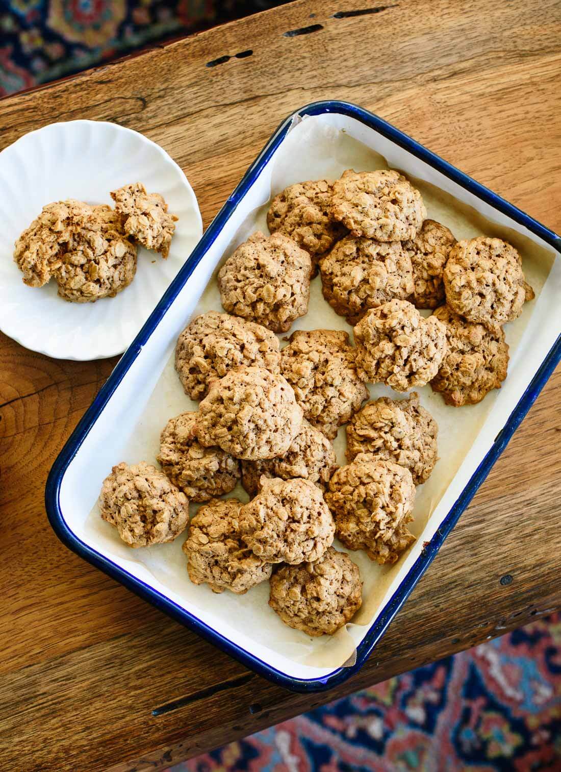 These oatmeal cookies are truly the best. They’re soft and fluffy in the middle, with crisper edges and lovely flavor, thanks to warming spices and oat flour.