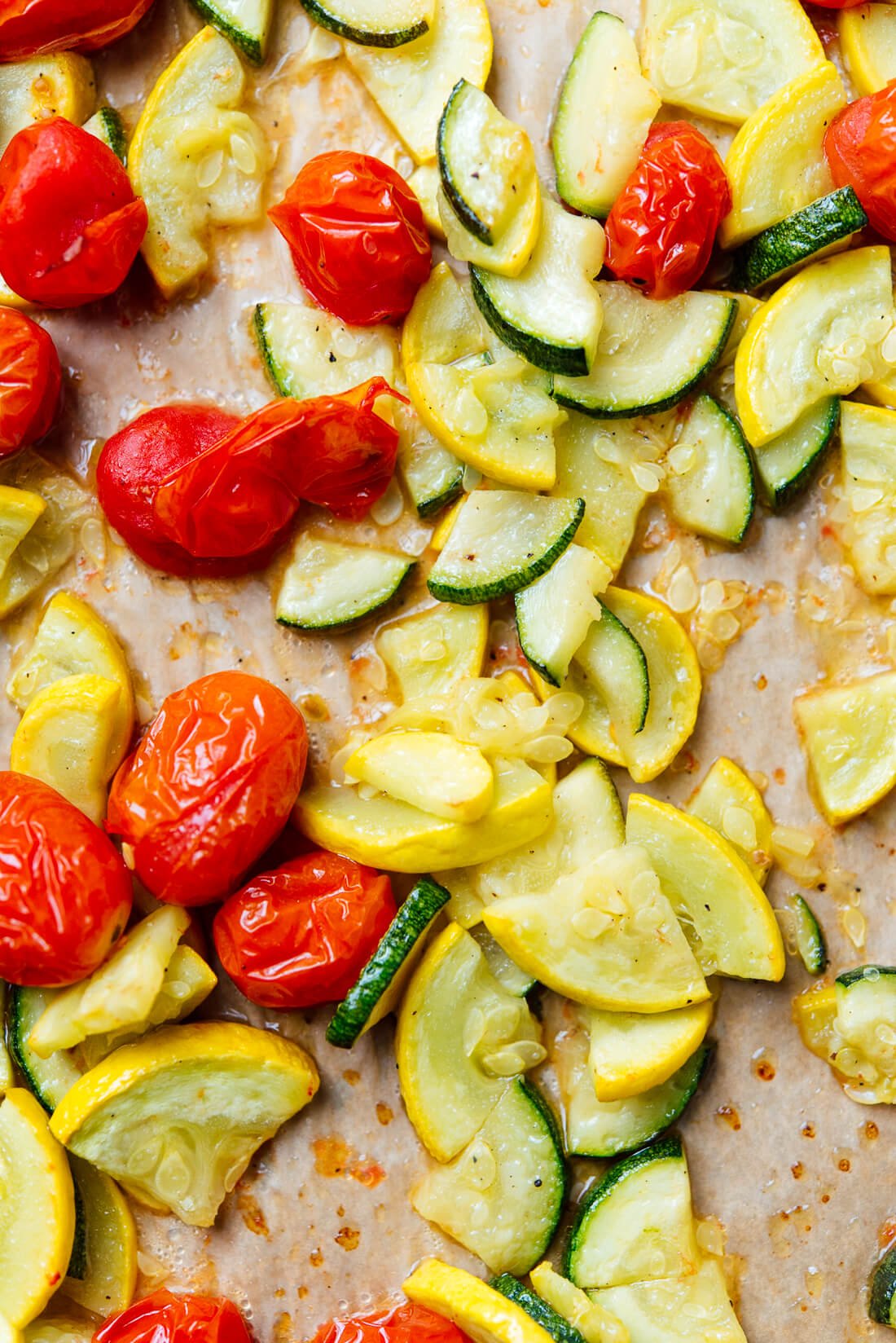 Roasted cherry tomatoes and summer squash
