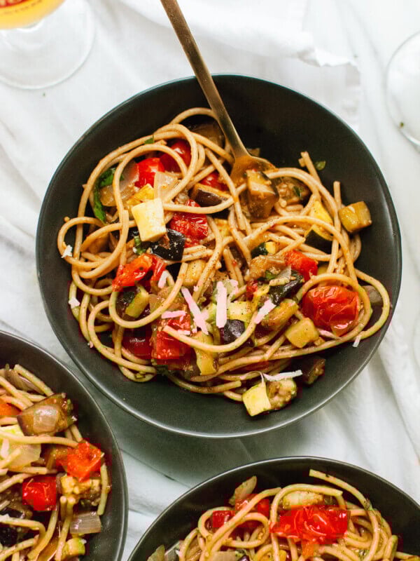 spicy roasted ratatouille with spaghetti