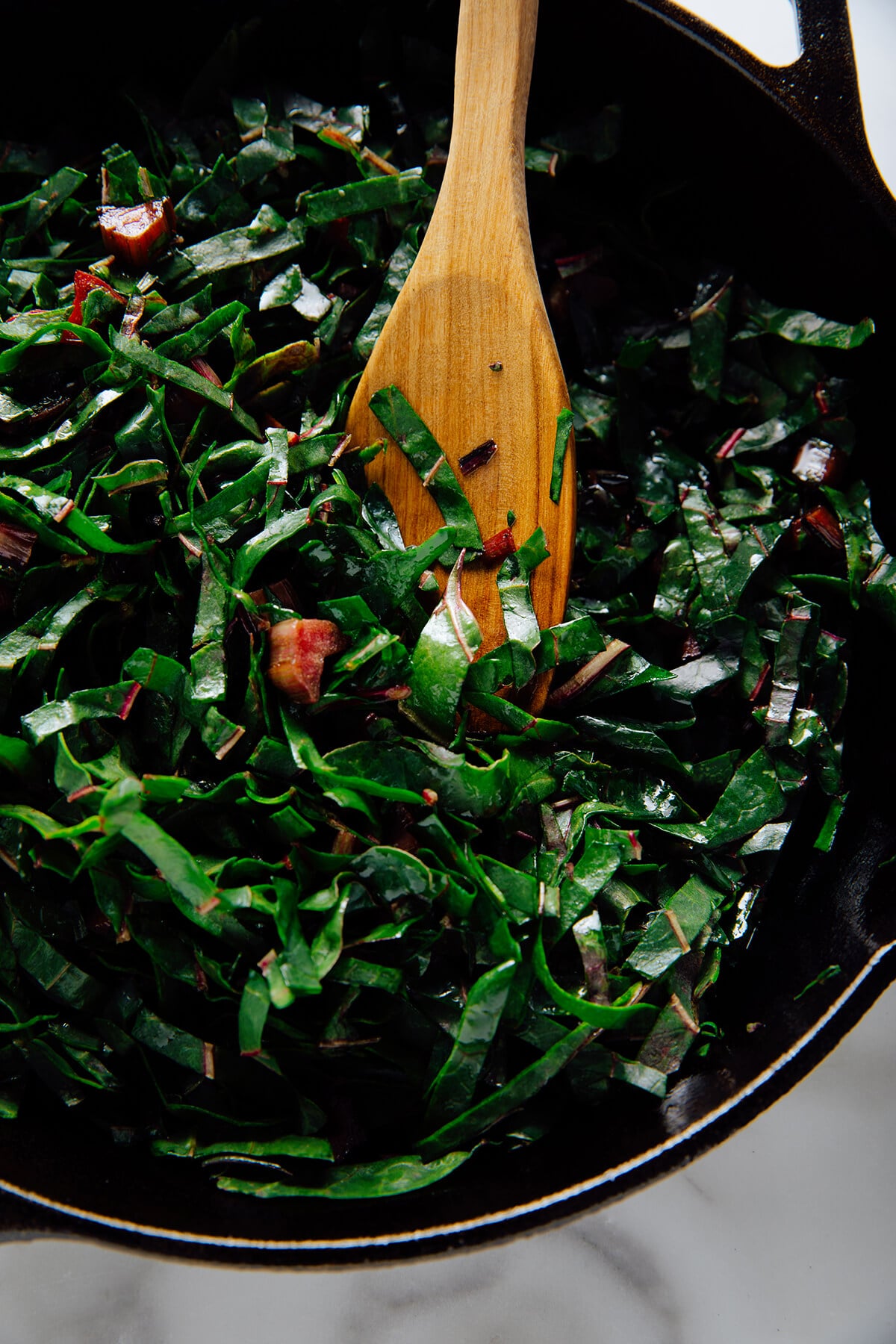 cooking swiss chard in skillet