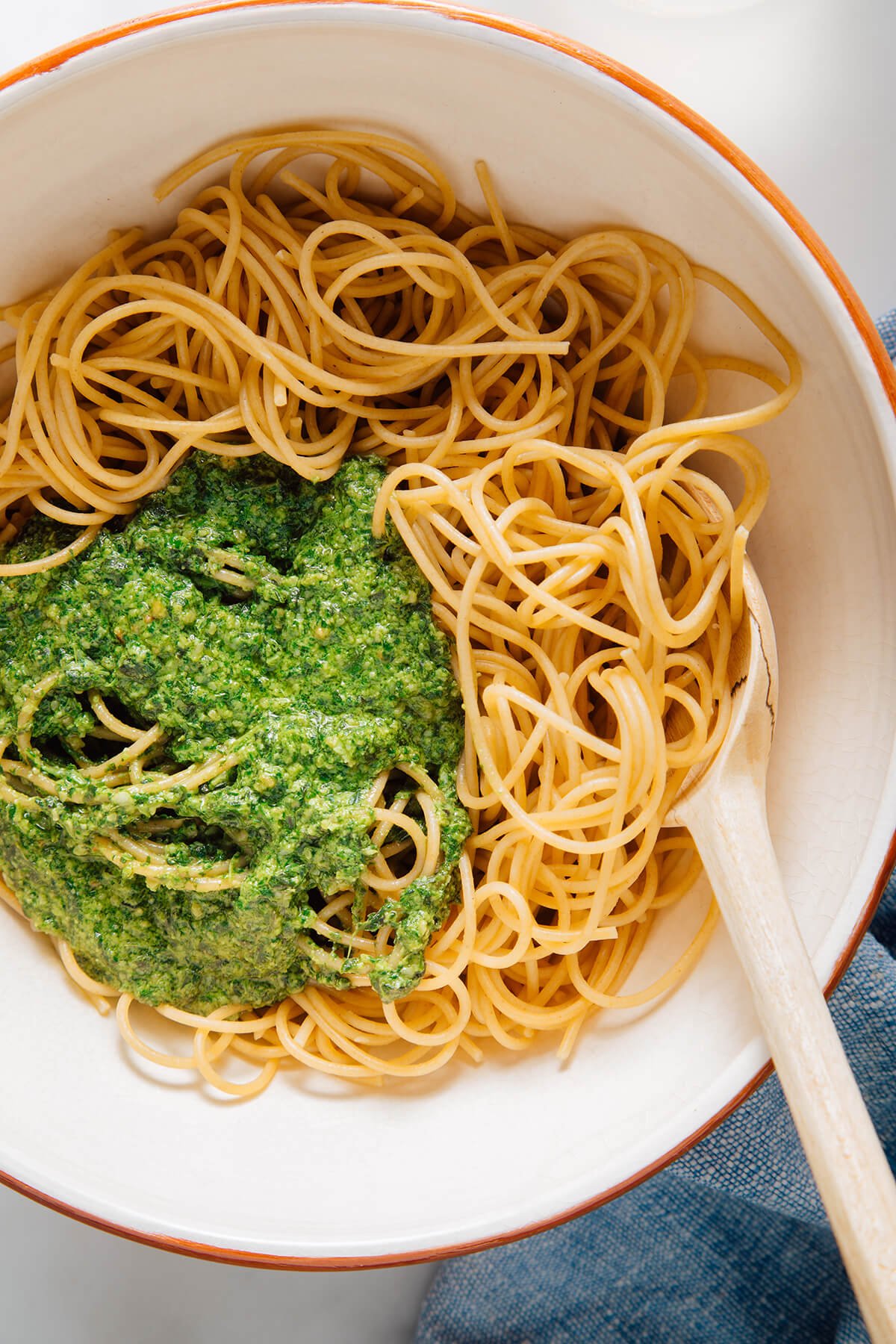basil pesto on spaghetti