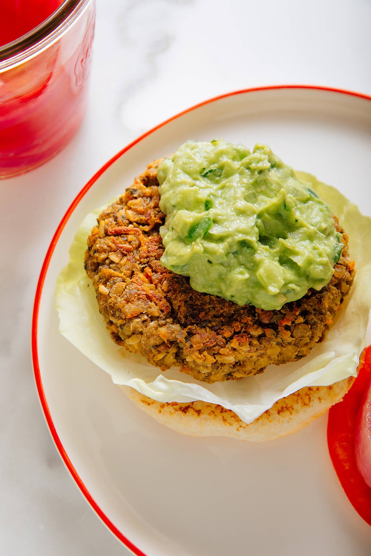 lentil veggie burger with guacamole