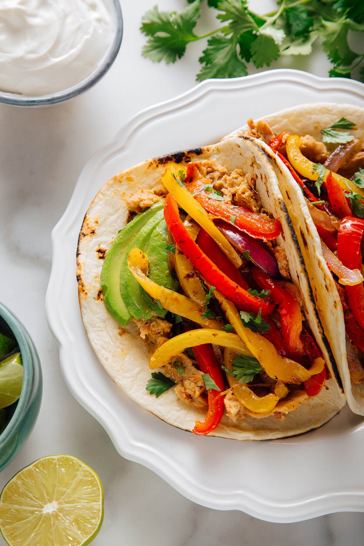 fajita veggies on bean tacos